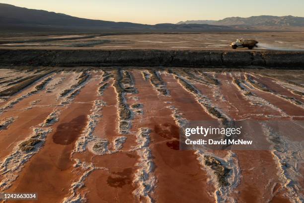 In an aerial view, evaporation ponds are seen in the remnants of Owens Lake on August 22, 2022 near Lone Pine, California. Once one of the biggest...