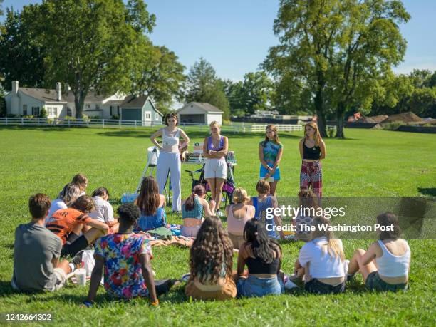 Franklin, Tenn. Lily Swain, from left, Emma Rose Smith, Alyson Nordstrom, and Paige Buckley, all 17 and rising high-school seniors speak to other...