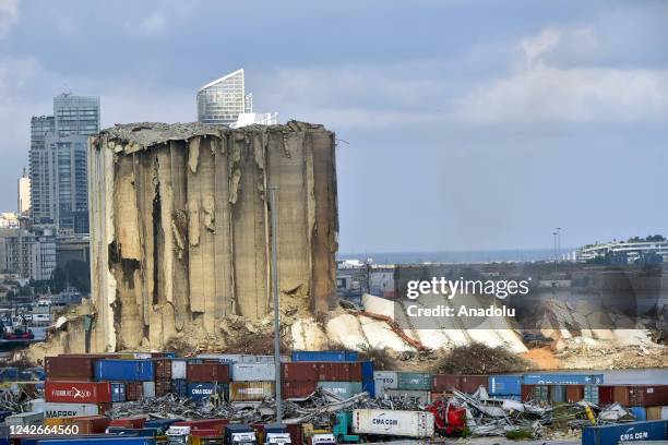 View of the newly-collapsed northern section of the grain silos at the port of Lebanon's capital Beirut, which were previously partly destroyed by...