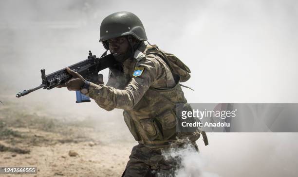 Somalian soldiers attend a military training given by the Turkish Armed Forces's Somalia Turkish Task Force Command at the Anatolian Barracks on the...