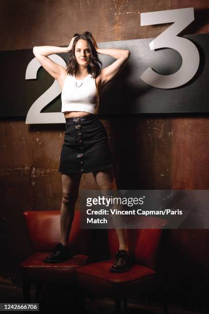 Actor Noemie Merlant is photographed for Paris Match posing at Cinema des Cineastres on July 11, 2022 in Paris, France.