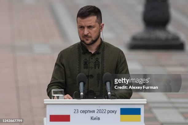 Ukrainian President Volodymyr Zelensky is seen during his press conference with Polish President Andrzej Duda on August 23, 2022 in Kyiv, Ukraine....