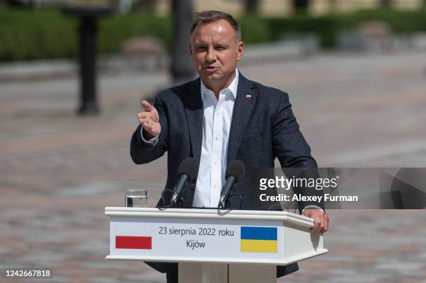 Polish President Andrzej Duda speaks during his joint press conference with Ukrainian President Volodymyr Zelensky on August 23, 2022 in Kyiv,...