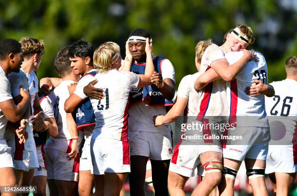 Raff Weston and team mates of England U18 celebrates after winning the match during the U18 International Series match between South Africa A and...