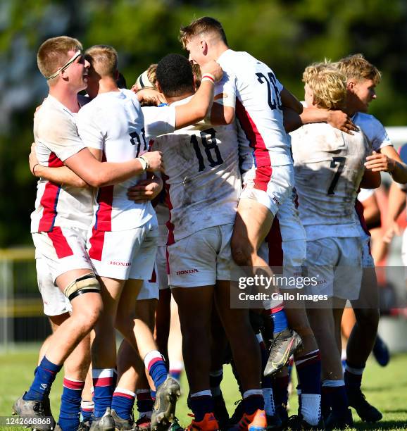 Raff Weston and team mates of England U18 celebrates after winning the match during the U18 International Series match between South Africa A and...