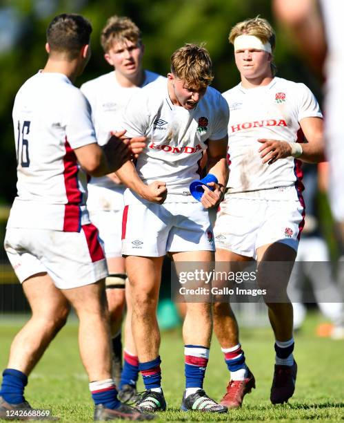 Raff Weston of England U18 celebrates the conversion after winning the match during the U18 International Series match between South Africa A and...