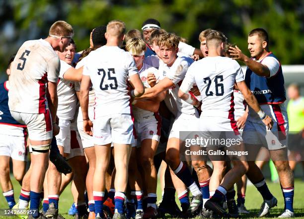 Raff Weston and team mates of England U18 celebrates after winning the match during the U18 International Series match between South Africa A and...