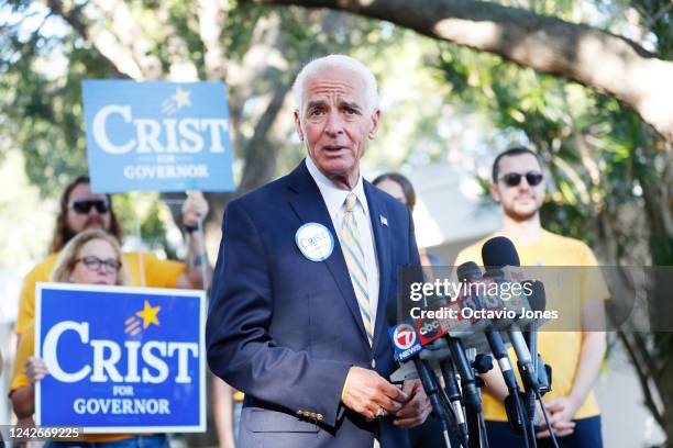 Florida Gubernatorial candidate Rep. Charlie Crist speaks to the media before casting his vote in the primary election at The Gathering Church on...