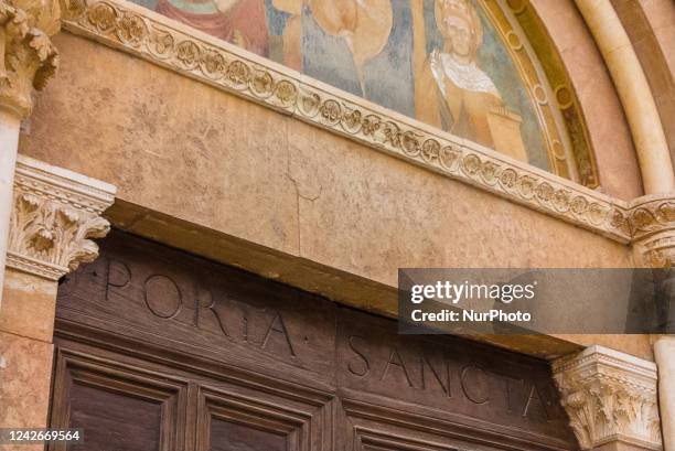 View of the Holy Door of the Basilica of Collemaggio, in L'Aquila, Italy, on August 23, 2022. Pope Francis will make a pastoral visit to L'Aquila on...