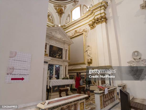 View of Pope Celestine V relics and tomb inside the Basilica of Collemaggio , in L'Aquila, Italy, on August 23, 2022. Pope Francis will make a...