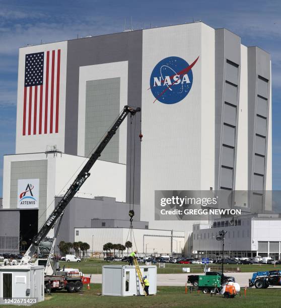 Temporary work spaces are set up near the Vehicle Assembly Building ahead of the Artemis-1 moon rocket launch at the Kennedy Space Center in Florida...