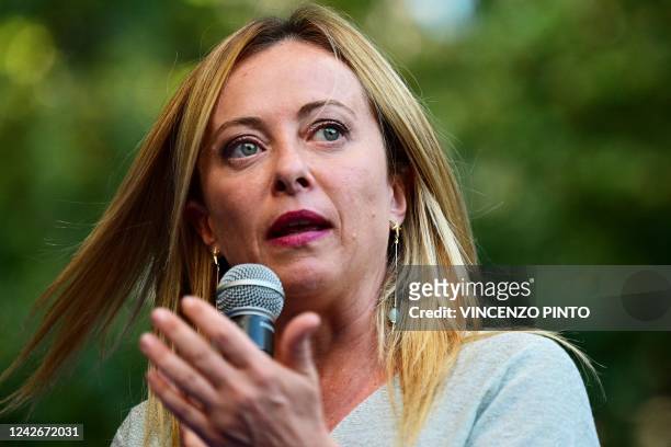 Leader of Italian far-right party Fratelli d'Italia Giorgia Meloni addresses supporters during a rally to launch her campaign for general elections,...