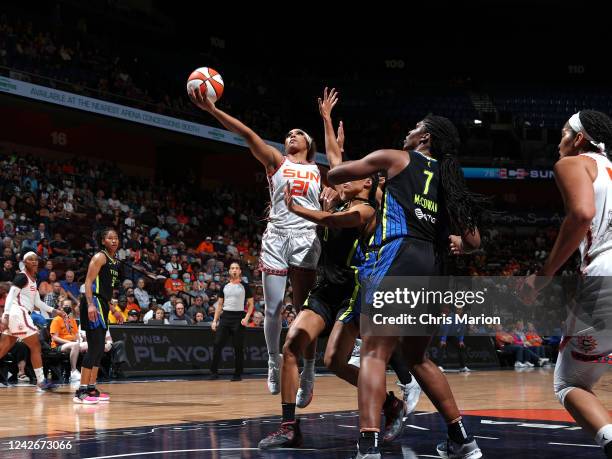 DiJonai Carrington of the Connecticut Sun shoots the ball during the game against the Dallas Wings during Round 1 Game 2 of the 2022 WNBA Playoffs on...