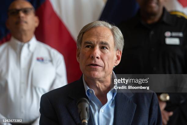 Greg Abbott, governor of Texas, speaks during a news conference in Dallas, Texas, US, on Tuesday, Aug. 23, 2022. A massive rainstorm in North Texas...