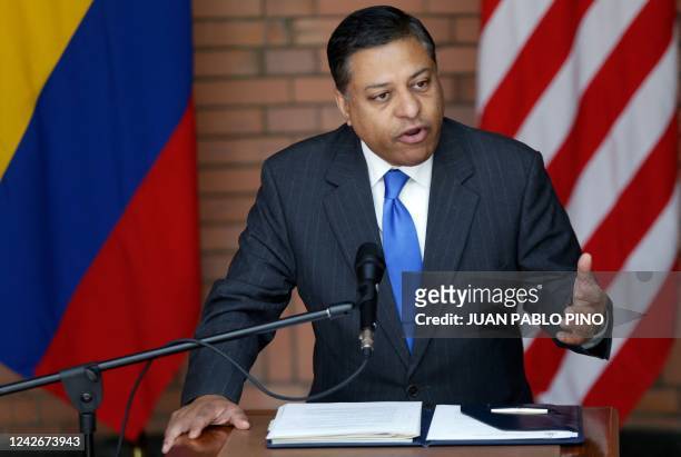 The Director of the US Office of National Drug Control Policy, Rahul Gupta, speaks during a press conference on the launching of several projects for...