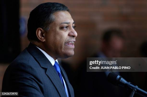 The Director of the US Office of National Drug Control Policy, Rahul Gupta, speaks during a press conference on the launching of several projects for...