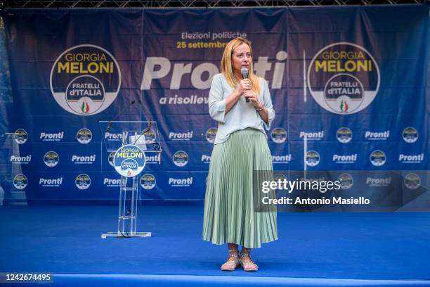 Fratelli d'Italia Leader Giorgia Meloni delivers her speech during the start of electoral campaign ahead of Italian general election, on August 23,...