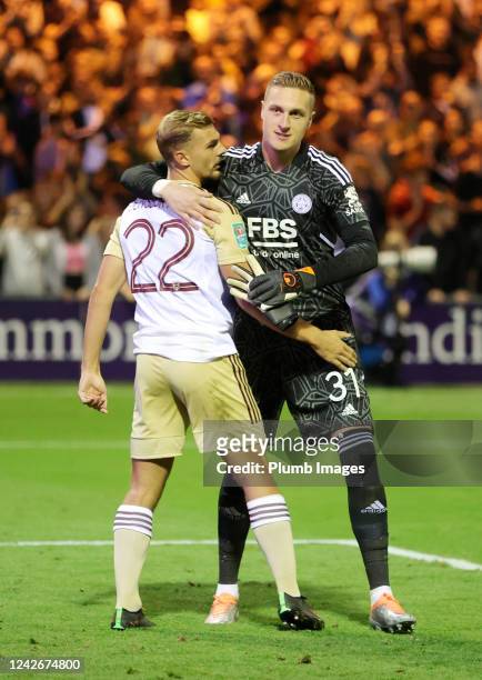 Daniel Iversen of Leicester City and Kiernan Dewsbury-Hall of Leicester City celebrate winning the penalty shootout during the Carabao Cup Second...