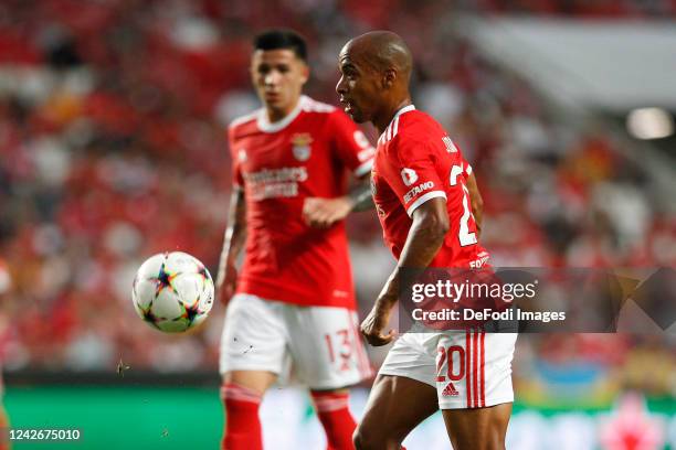 Joao Mario of SL Benfica controls the ball during the SL Benfica and Dynamo Kyiv match between UEFA Champions League Play-Off Second Leg at Estadio...