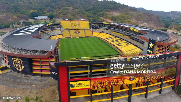 Aerial picture of the Monumental Stadium Banco Pichincha, owned by Barcelona Sporting Club, in Guayaquil, Ecuador, taken on August 23, 2022. - The...