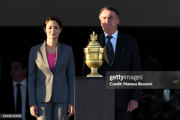 Jair Bolsonaro President of Brazil and First Lady take part in a welcome ceremony of the urn with the heart of Portuguese monarch Dom Pedro I at...