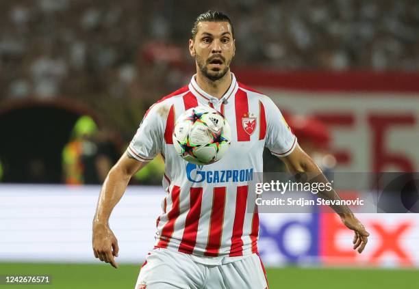 Aleksandar Dragovic of Crvena Zvezda in action during the UEFA Champions League Play-Off Second Leg match between Crvena Zvezda v Maccabi Haifa at...