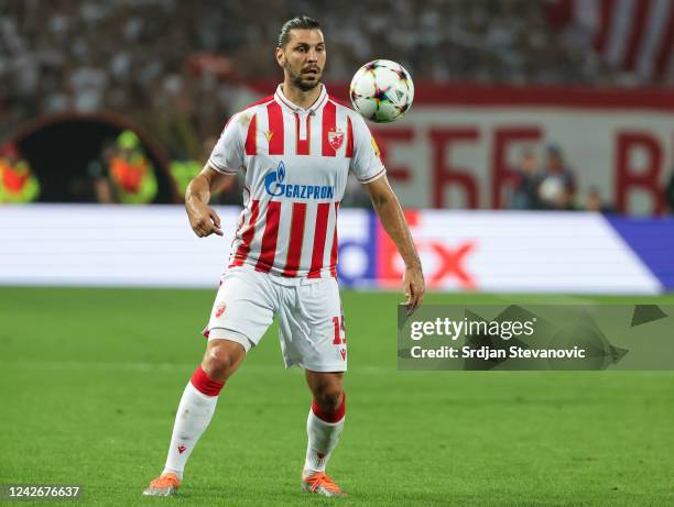 Aleksandar Dragovic of Crvena Zvezda in action during the UEFA Champions League Play-Off Second Leg match between Crvena Zvezda v Maccabi Haifa at...