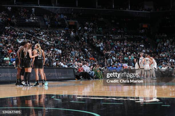 The Chicago Sky and the New York Liberty huddle up before Round 1 Game 3 of the 2022 WNBA Playoffs on August 23, 2022 at the Barclays Center in...