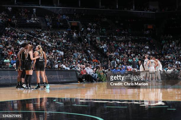 The Chicago Sky and the New York Liberty huddle up before Round 1 Game 3 of the 2022 WNBA Playoffs on August 23, 2022 at the Barclays Center in...