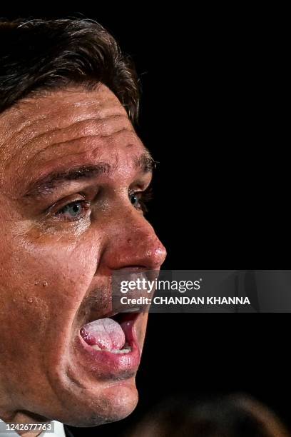 Florida Governor Ron DeSantis speaks during a primary election night event in Hialeah, Florida, on August 23, 2022. - DeSantis will face US...