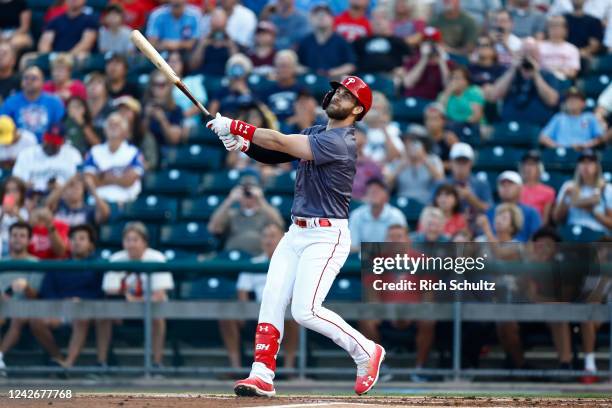 Bryce Harper of the Philadelphia Phillies bats in his first game on a rehab assignment for the Lehigh Valley IronPigs against the Gwinnett Stripers...