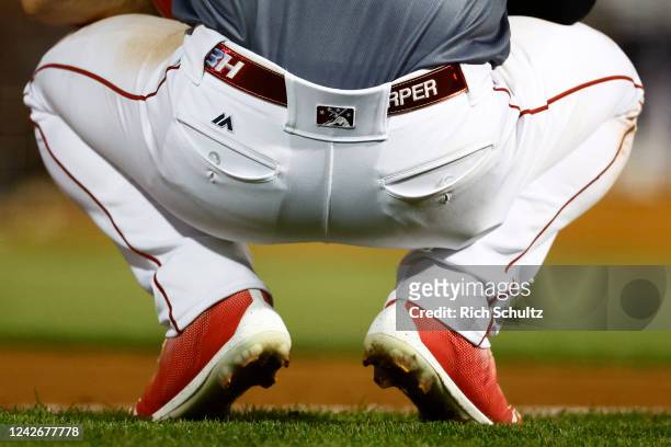 Detail of the belt worn by Bryce Harper of the Philadelphia Phillies as he plays in his first game on a rehab assignment for the Lehigh Valley...