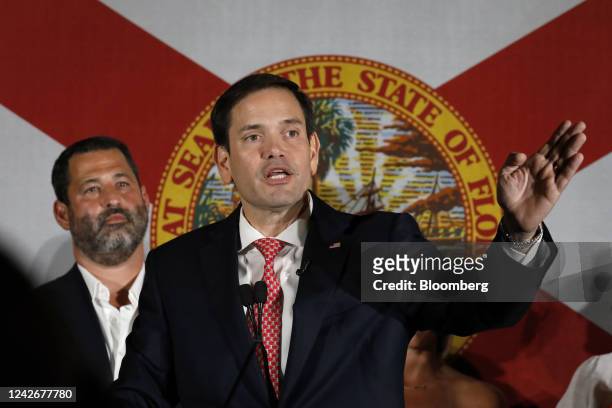 Senator Marco Rubio, a Republican from Florida, speaks during a 'Keep Florida Free' rally with Ron DeSantis, governor of Florida, in Hialeah,...