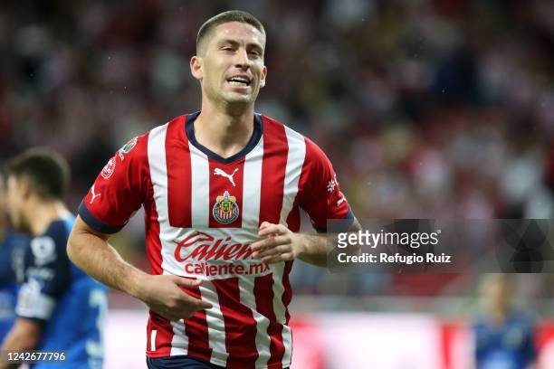 Santiago Ormeño of Chivas celebrates after scoring his team's first goal during the 16th round match between Chivas and Monterrey as part of the...