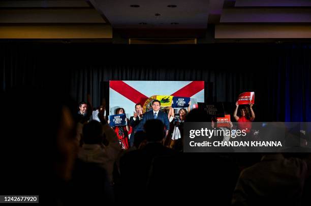 Florida Governor Ron DeSantis speaks during a primary election night event in Hialeah, Florida, on August 23, 2022. - DeSantis will face US...