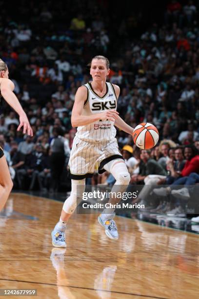 Allie Quigley of the Chicago Sky dribbles the ball during Round 1 Game 3 of the 2022 WNBA Playoffs on August 23, 2022 at the Barclays Center in...