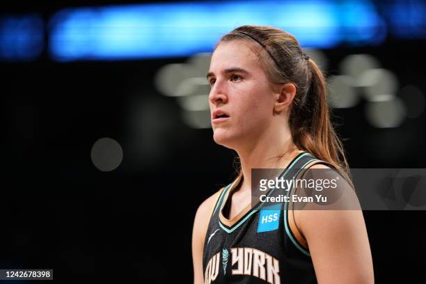 Sabrina Ionescu of the New York Liberty looks on during Round 1 Game 3 of the 2022 WNBA Playoffs on August 23, 2022 at the Barclays Center in...
