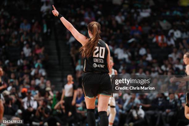 Sabrina Ionescu of the New York Liberty reacts to a play during Round 1 Game 3 of the 2022 WNBA Playoffs on August 23, 2022 at the Barclays Center in...