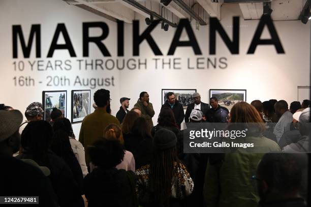 Photographers Felix Dlangamandla, Kevin Sutherland, Leon Sadiki & Lucas Ledwaba at the opening of the Marikana 10 Years Through The Lens Exhibition...