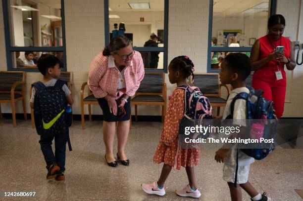 Fairfax County Public Schools Superintendent Dr. Michelle Reid greets students on the first day of school at Forestdale Elementary School in...