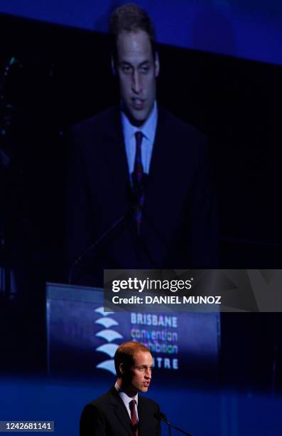 Britain's Prince William gives a speech at a flood fundraising appeal event in Brisbane in the northern Australian state of Queensland on March 20,...