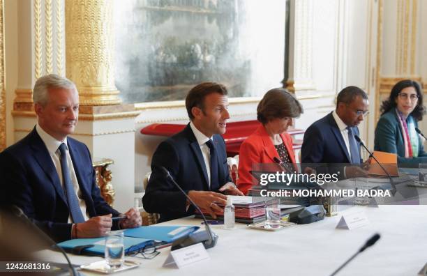 France's Economy Minister Bruno Le Maire, France's President Emmanuel Macron France's Foreign Minister Catherine Colonna, France's Education Minister...