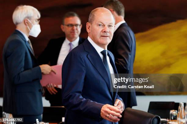 German Chancellor Olaf Scholz arrives for the weekly government cabinet meeting on August 24, 2022 in Berlin, Germany. Germany is to pass new...