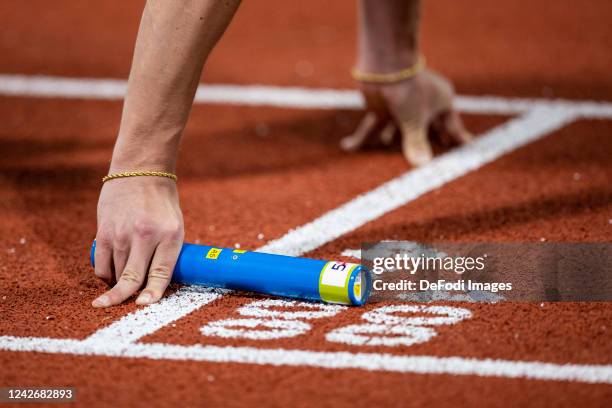 Relay baton in Mens 4 X 100m relay final during the Athletics competition on day 11 of the European Championships Munich 2022 at Olympiapark on...