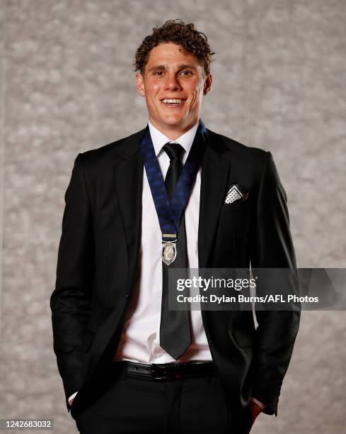 Charlie Curnow of the Blues poses for a photo after winning the Coleman Medal during the 2022 AFL Awards at Centrepiece, Melbourne Olympic Park on...