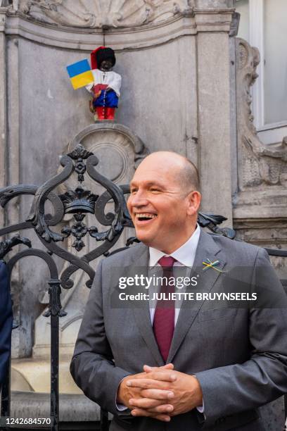 The Manneken Pis statue in the city center of Brussels wears a Ukrainian flag on Wednesday 24 August 2022, 6 months after the start of the Russian...