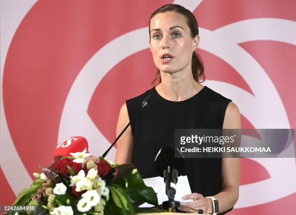 Finnish Prime Minister Sanna Marin gives a speech during a meeting of her Social Democratic party in Lahti, Finland on August 24, 2022. - Marin gave...
