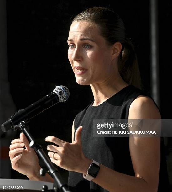 Finnish Prime Minister Sanna Marin gives a speech during a meeting of her Social Democratic party in Lahti, Finland on August 24, 2022. Marin gave an...