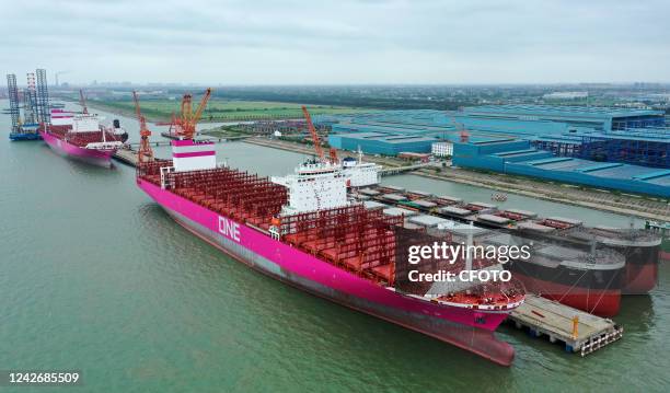 Number of completed container ships and cargo ships are about to be delivered to customers at the riverside wharf of a shipbuilding company at...