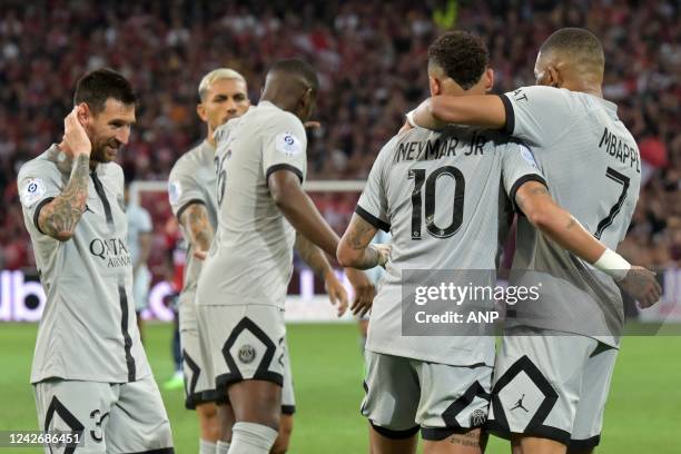Lionel Messi of Paris Saint-Germain, Leandro Paredes of Paris Saint-Germain, Nuno Mendes of Paris Saint-Germain, Neymar da Silva Santos Junior of...